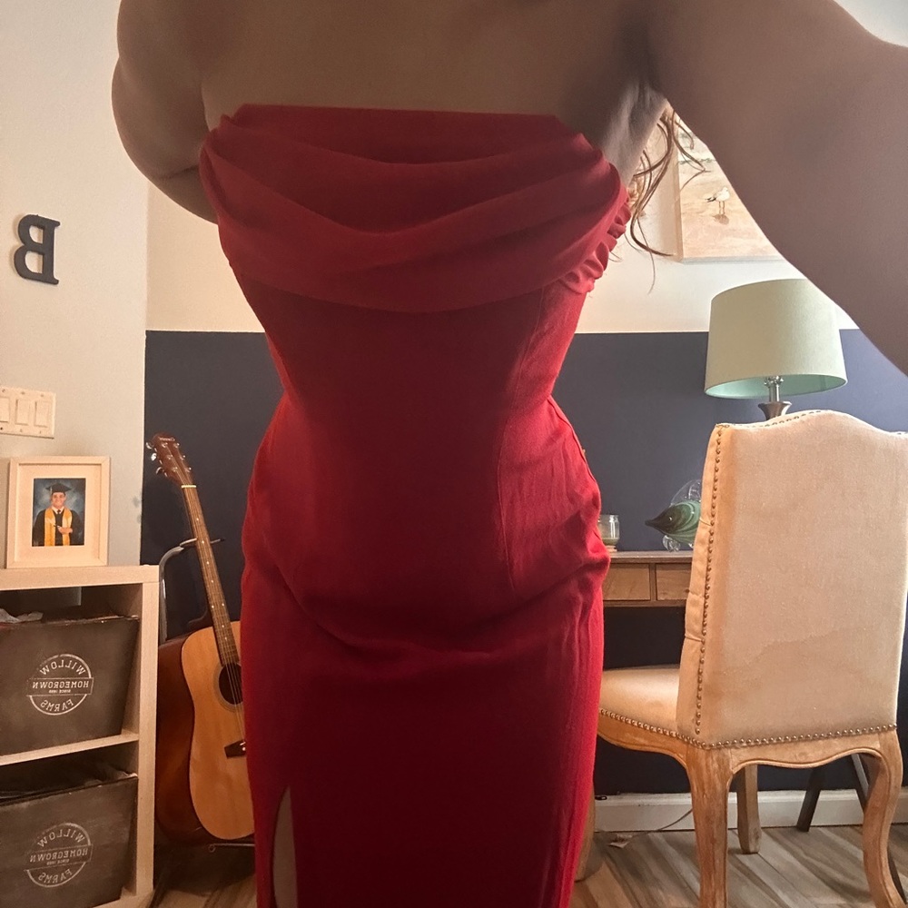 90s VINTAGE SUSAN ROSELLI FOR VIJACK RED TUBE TOP SLIT DRESS FORMAL PARTY
